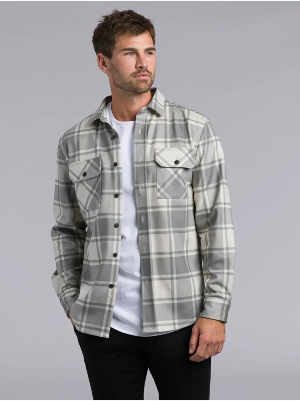 BYLT Coastal Button-Up Overshirt Plaid Gray and White NWOT Size Large